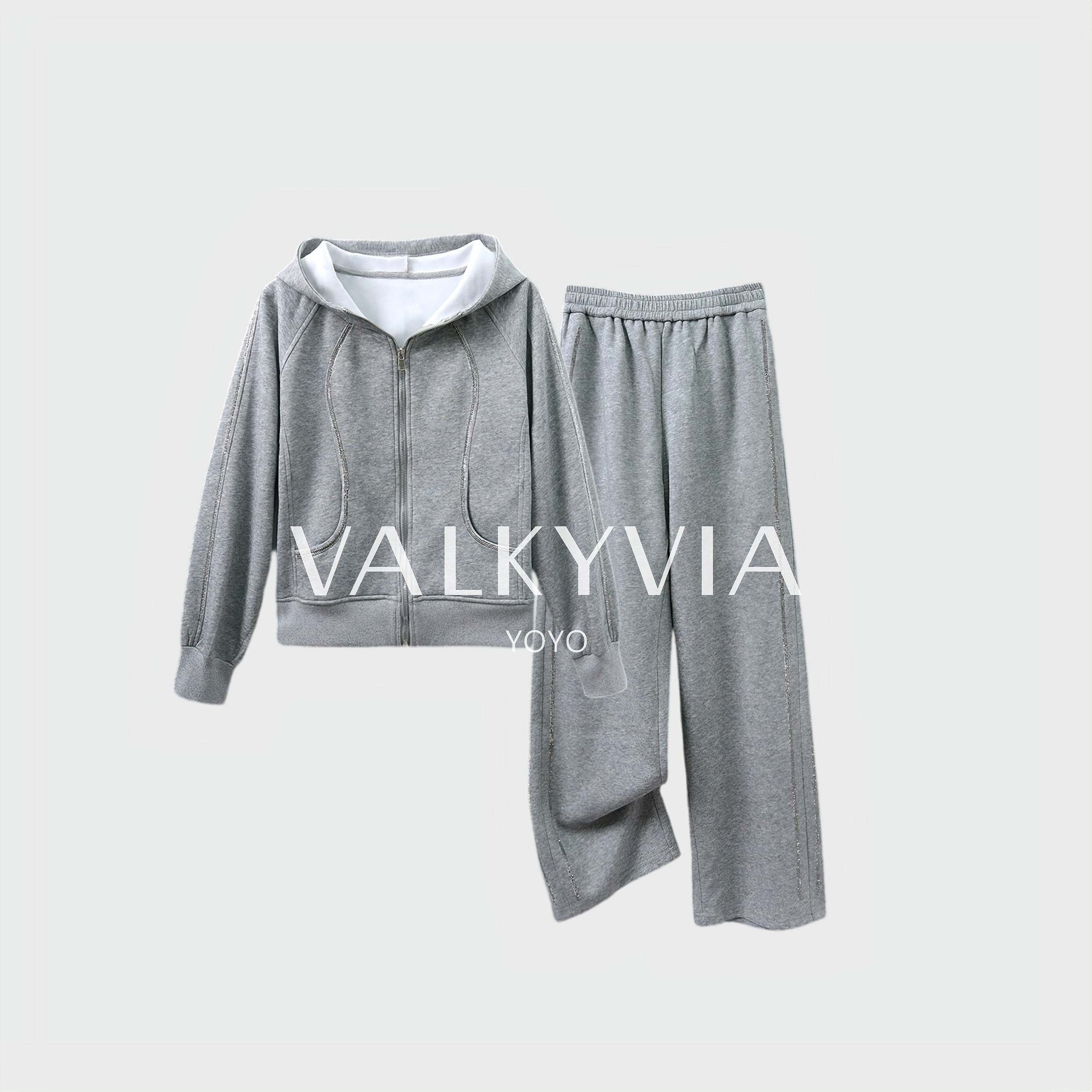 【Valkyvia/悠悠奢品】时尚连帽套装女拉链烫钻设计感套装女时尚