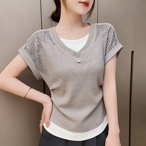 烫钻拼接假两件设计感纯棉短袖T恤女2026夏季新款百搭时尚上衣女