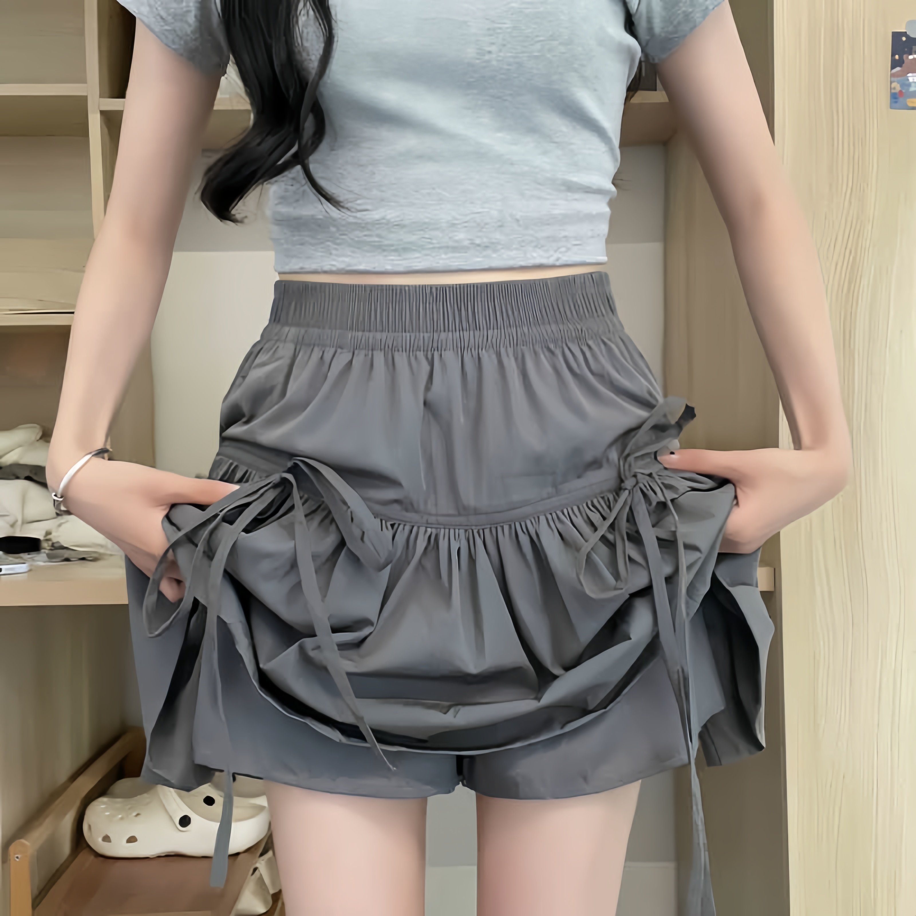 2025夏季新款冰丝皱麻休闲五分裙裤女蝴蝶结绑带高腰显瘦纯色百搭