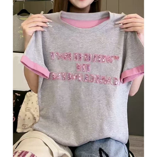 2025夏季 T恤女字母珠片绣拼色设计感百搭显瘦上衣女 新款 纯棉短袖