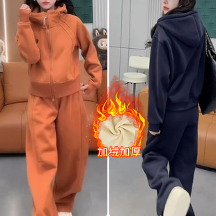德绒加绒加厚休闲运动套装女2025冬季新款洋气时尚显瘦连帽两件套