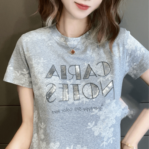 印花珠片刺绣短袖T恤女2025夏季新款显瘦百搭设计感时尚休闲上衣