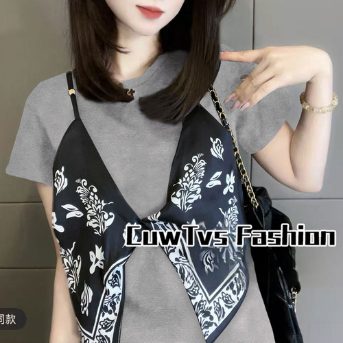 重工假两件纯棉短袖T恤女2025夏季新款气质修身显瘦设计感上衣女