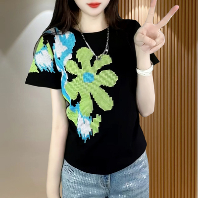 短袖上衣女2026夏季新款洋气时尚百搭印花发泡设计感休闲显瘦T恤