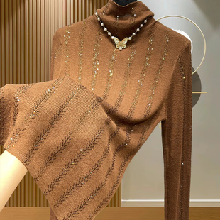 2024秋冬新款时尚气质条纹高领打底衫女重工烫钻长袖内搭显瘦上衣