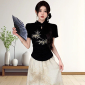 新中式 2024夏季 复古国风刺绣收腰立领盘扣上衣显瘦短袖 T恤女装
