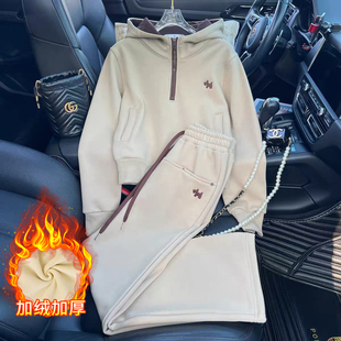 加绒加厚时尚刺绣连帽套装女冬季新款口袋卫衣长裤休闲保暖套装女