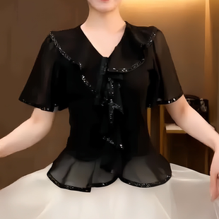 2025夏季新款法式黑色荷叶边设计感V领纯棉短袖T恤女修身显瘦上衣