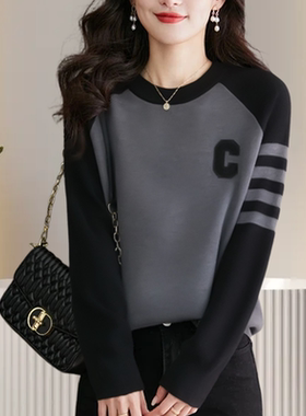 德绒圆领拼色打底衫长袖T恤女字母贴布刺绣2024秋冬宽松上衣内搭