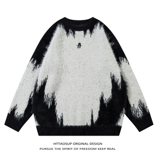 HTTAOSUP美式复古vibe扎染拼色圆领毛衣男女小众宽松街头风针织衫