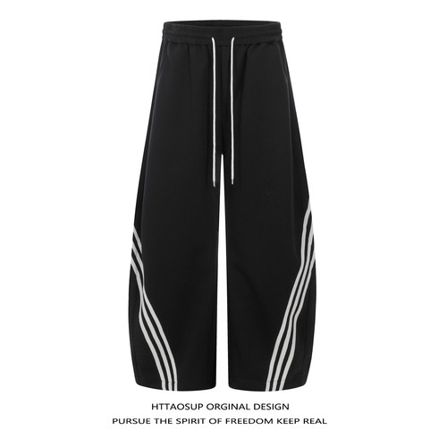 美式复古三条杠弯刀卫裤男女黑色