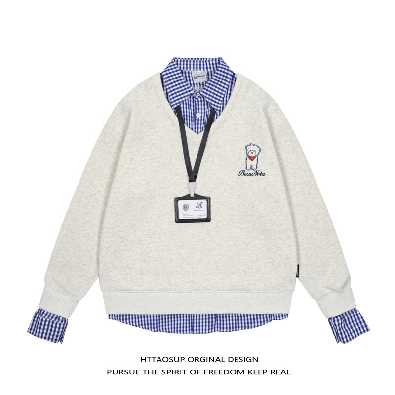 HTTAOSUP美式复古小狗刺绣假两件卫衣男女宽松学院风情侣百搭上衣,男装,卫衣,淘宝优惠券,粉丝福利购,淘宝优惠卷