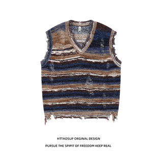 HTTAOSUP美式潮牌撞色条纹磨破扎染无袖毛衣背心叠穿宽松针织马甲