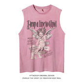 HTTAOSUP美式 t恤宽松情侣休闲篮球运动背心男 复古vintage做旧无袖