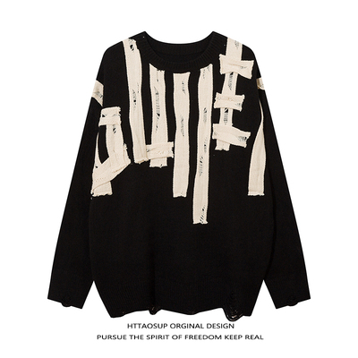 国潮美式休闲宽松亚比风破洞毛衣