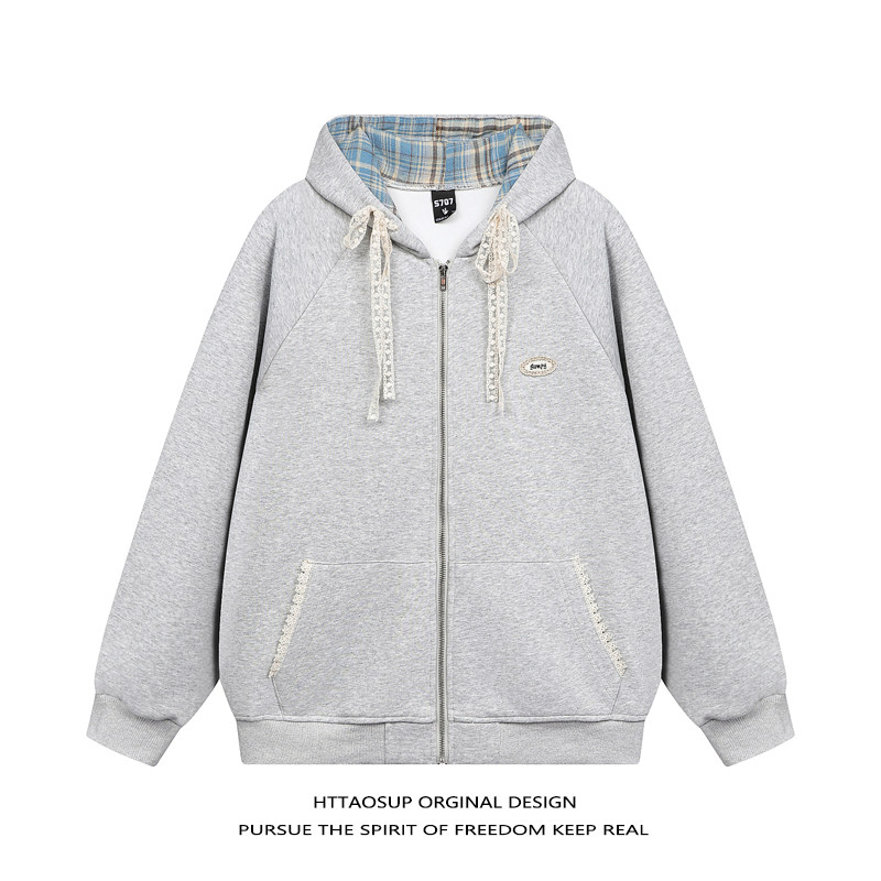HTTAOSUP潮牌小众蕾丝抽绳格子连帽卫衣男女宽松情侣开衫拉链外套,男装,卫衣,淘宝优惠券,粉丝福利购,淘宝优惠卷
