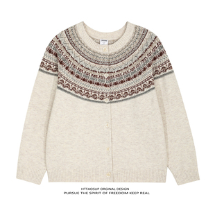 HTTAOSUP白色羊绒费尔岛毛衣开衫针织衫男秋冬保暖老钱风复古通勤