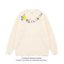 HTTAOSUP设计感小众花卉字母提花毛衣男女宽松情侣圆领秋冬季上衣