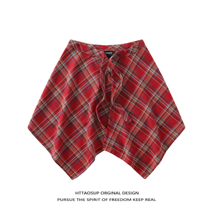 HTTAOSUP高街下摆红格子假衬衫系腰屁帘男女嘻哈街舞配饰叠穿神器