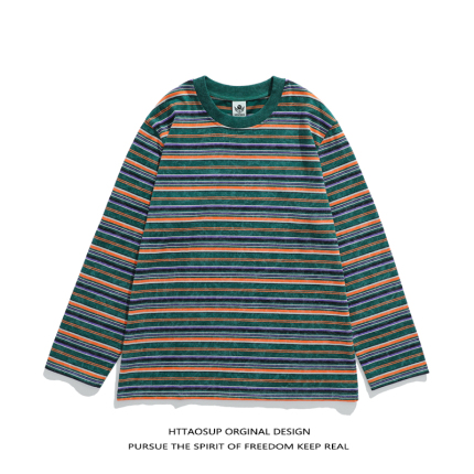 Httaosup Japanese Retro Striped Print Long-Sleeve T-Shirt for Men and Women, Loose Trendy Color-Blocking Casual Versatile Top