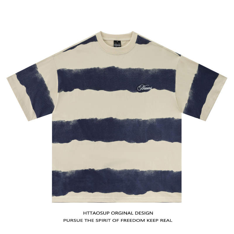 HTTAOSUP日系安圆领T恤不规则条纹中性短袖男女夏季潮牌宽松体恤