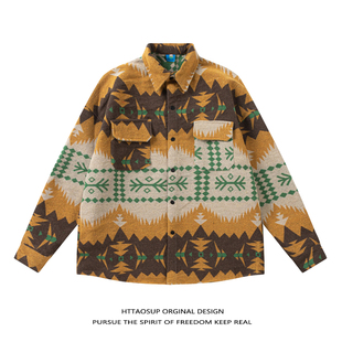 HTTAOSUP慵懒风宽松复古民族风加厚咔叽潮牌长袖毛呢衬衫男女衬衣