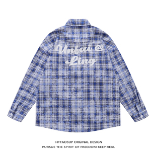 情侣扎染水洗宽松 蓝色衬衫 HTTAOSUP格子衬衫 男外套设计感小众长袖