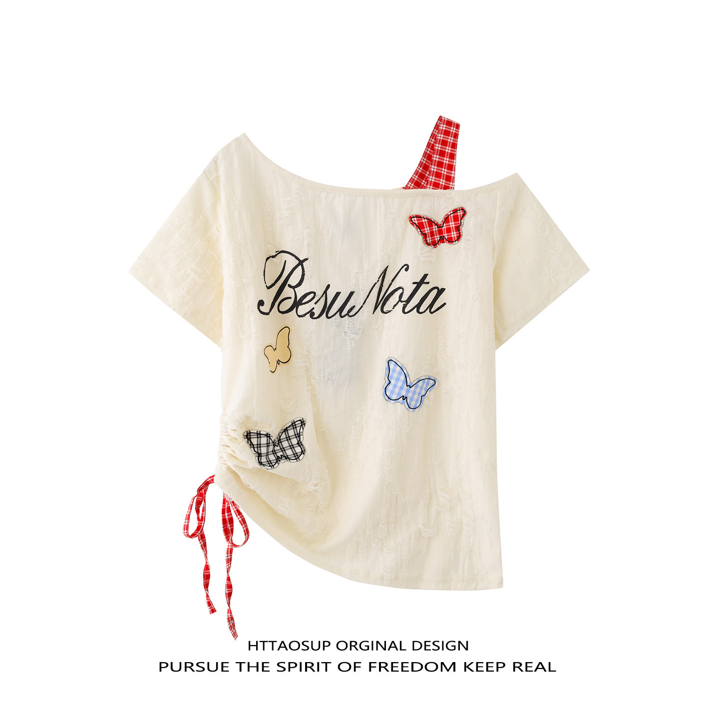 HTTAOSUP美式蝴蝶贴布露肩短袖T恤女夏季不规则绑带辣妹斜肩体恤