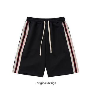 国潮牌侧边条纹针织带拼接运动休闲短裤 男女直筒宽松情侣五分中裤