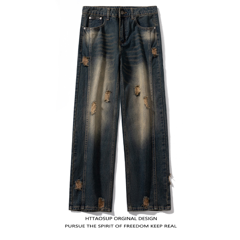 美式复古破洞阔腿牛仔直筒休闲裤