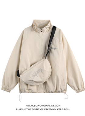 HTTAOSUP美式复古户外挎包立领冲锋衣男春秋潮牌宽松情侣夹克外套