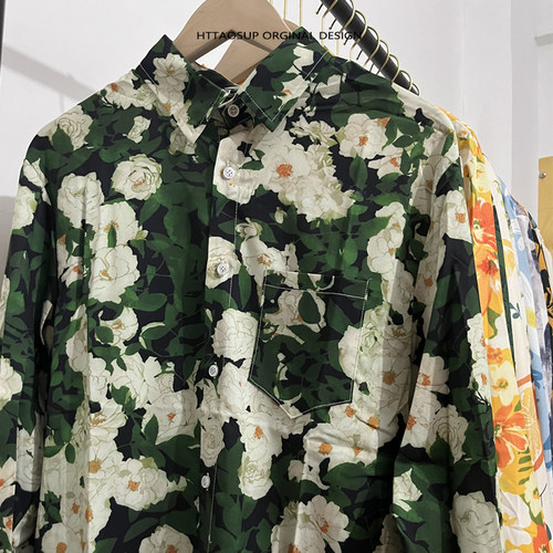复古绿油画花朵艺术感长袖衬衫