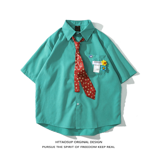 HTTAOSUP别针花朵宽松衬衫超火cec湖蓝色衬衣男百搭学生半袖上衣