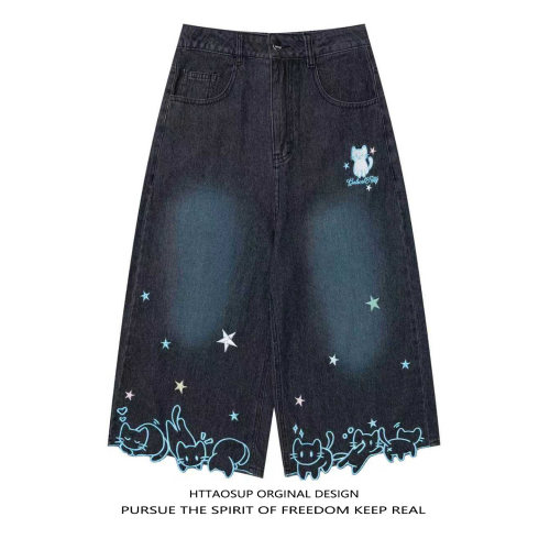 美式复古星星小猫刺绣牛仔七分裤