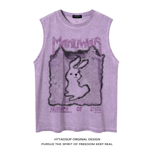 HTTAOSUP做旧水洗兔子印花背心