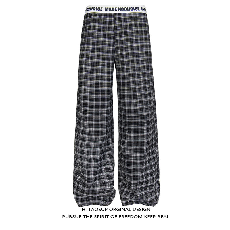 HTTAOSUP美式复古格子撞色学院风撞色抽绳腰头宽松直筒裤休闲裤男