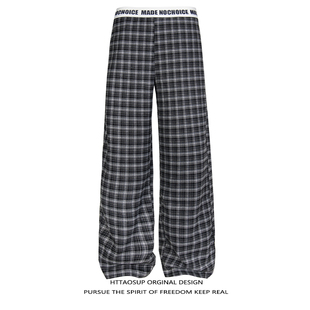 HTTAOSUP美式复古格子撞色学院风撞色抽绳腰头宽松直筒裤休闲裤男