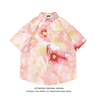 HTTAOSUP日系复古扎染花朵满印短袖 男女宽松潮牌情侣百搭衬衣 衬衫