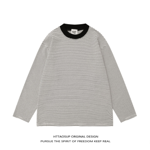 HTTAOSUP复古撞色黑白条纹长袖 t恤男潮牌简约宽松休闲圆领打底衫