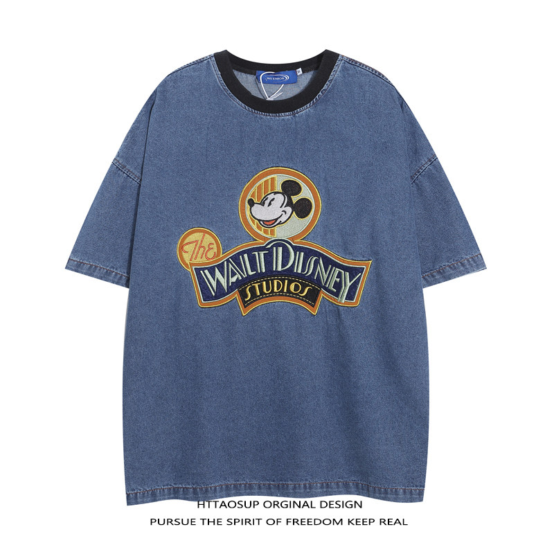 HTTAOSUP美式复古短袖T恤男女夏季卡通童趣绣花宽松牛仔圆领上衣