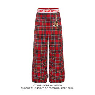 男宽松潮牌街头直筒阔腿长裤 HTTAOSUP美式 街头格子小马挂件休闲裤