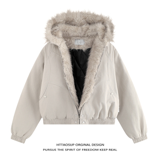 座山雕加厚棉衣 冬季 HTTAOSUP短款 毛领连帽夹克棉服外套男女款