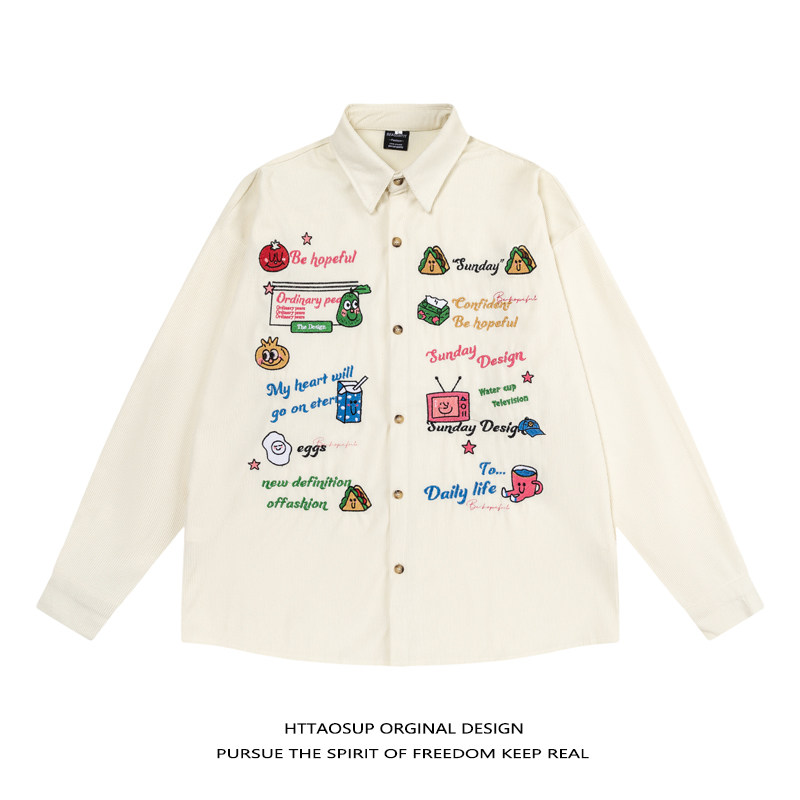 HTTAOSUP潮牌秋季刺绣灯芯绒长袖衬衫男复古街头宽松情侣衬衣外套,男装,衬衫,淘宝优惠券,粉丝福利购,淘宝优惠卷