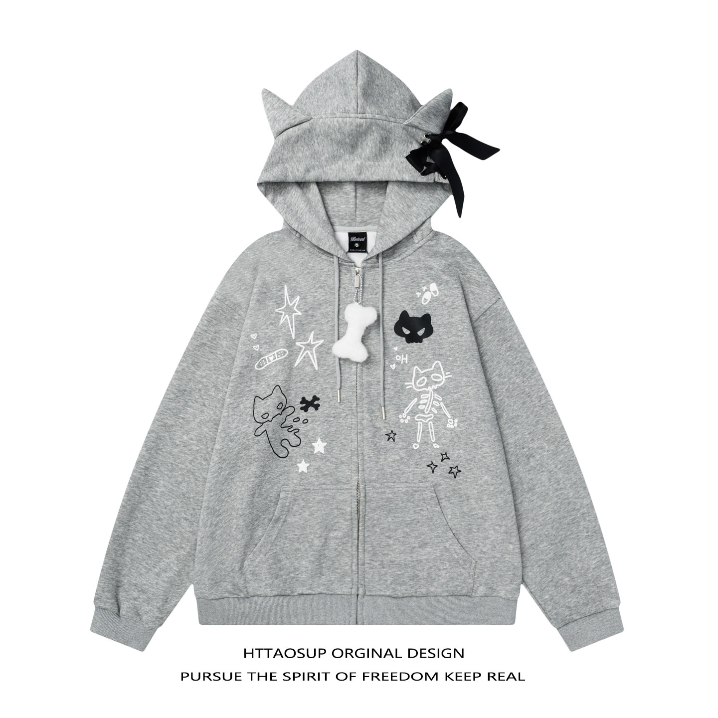 HTTAOSUP美式复古骷髅猫咪印花开衫灰色外套女男秋猫耳朵连帽卫衣