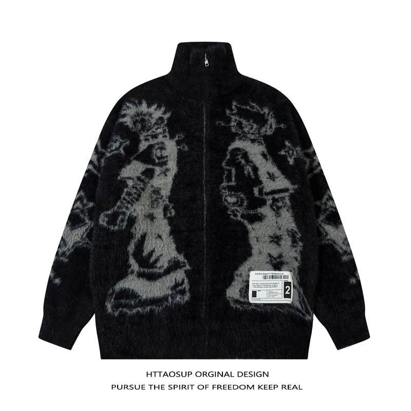 早秋美式黑色拉链毛衣开衫男女