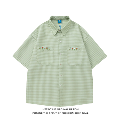 HTTAOSUP日系格子刺绣短袖衬衫