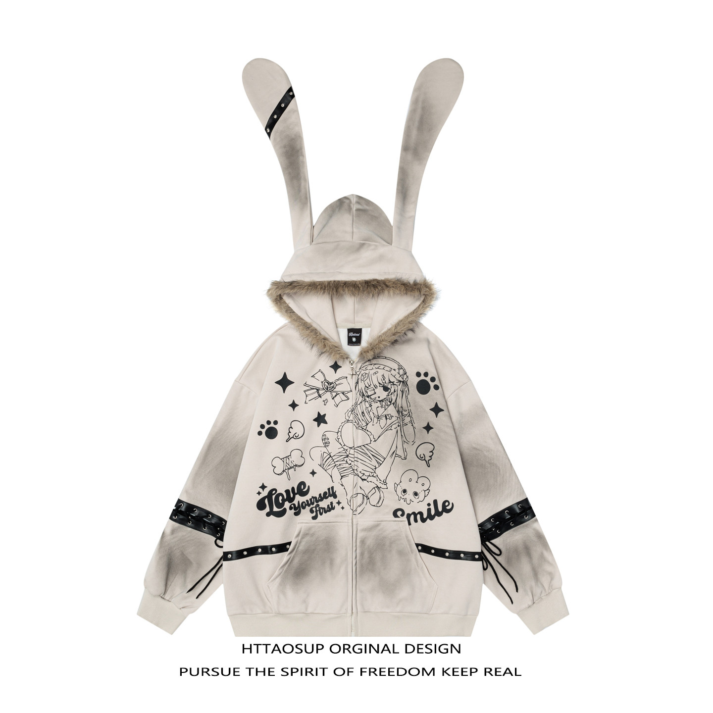 HTTAOSUP美式卡通风二次元印花连帽卫衣女宽松毛领绑带兔耳朵外套,男装,卫衣,淘宝优惠券,粉丝福利购,淘宝优惠卷