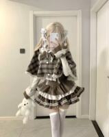 Little Bear Mousse, sweet and girlish, khaki winter cape, velvet cake, shoulder strap skirt, knitted top set thumbnail 4