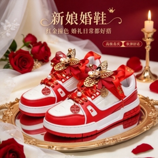 新中式婚鞋女红色板鞋新娘鞋厚底增高鞋禾秀汉服喜庆休闲结婚红鞋