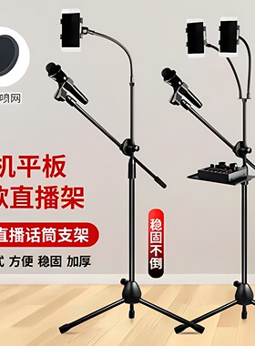 简约手机平板直播支架落地式折叠户外K歌话筒支架配防喷网